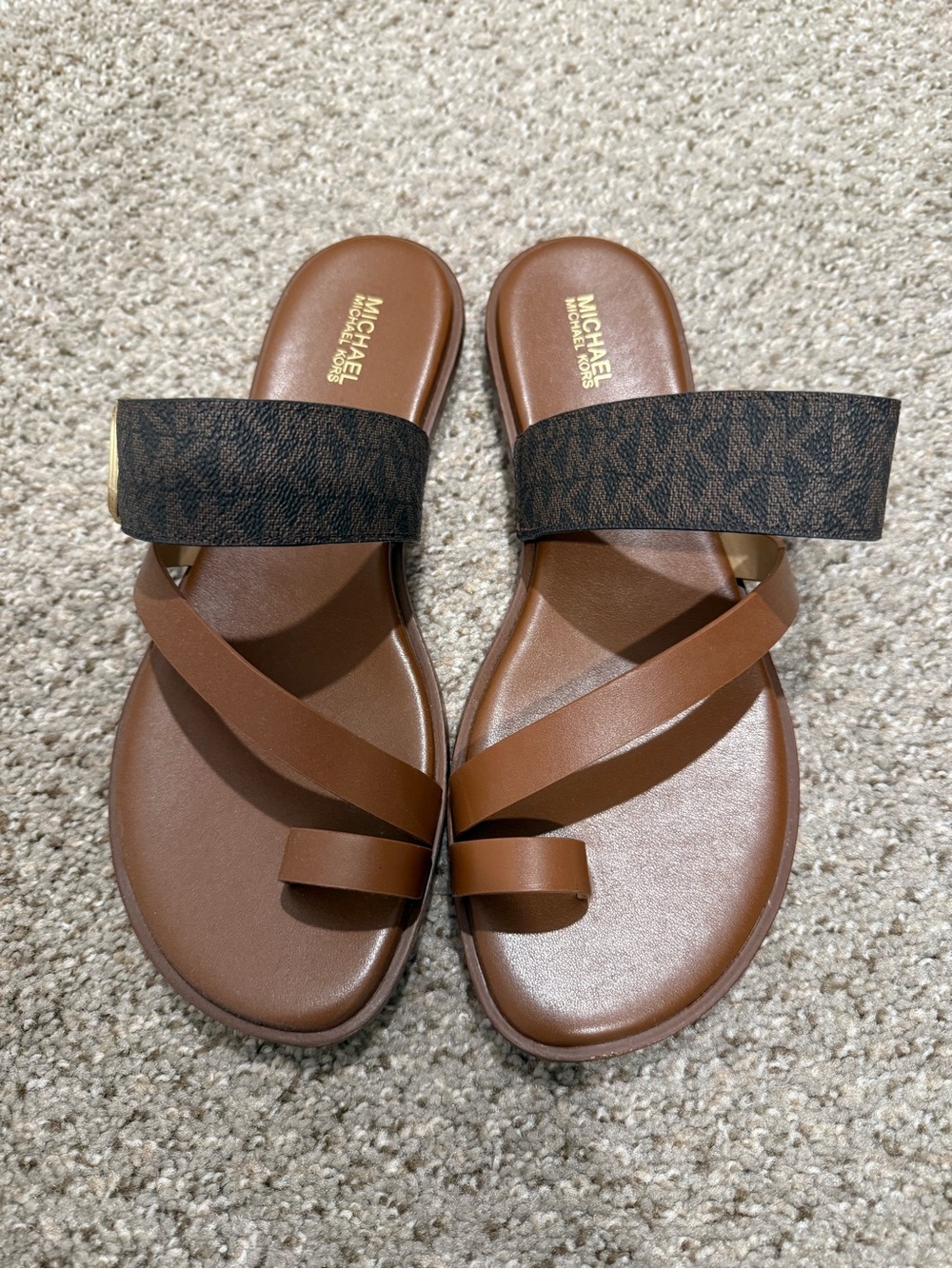 Michael Kors Brown Leather Strappy Slide Sandals